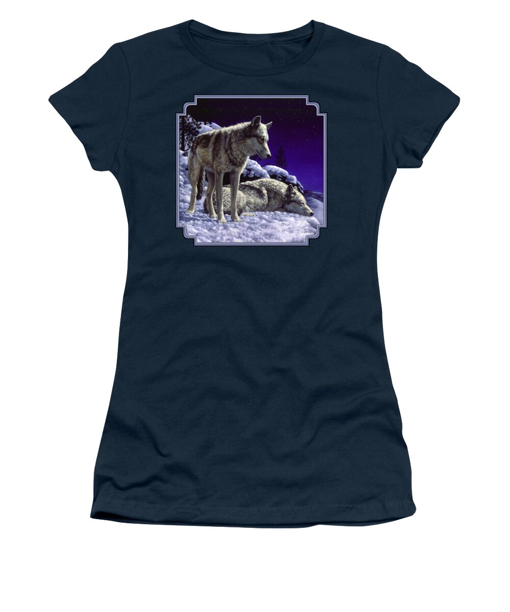 Wolf Women's T-Shirt featuring the painting Wolf Painting - Night Watch by Crista Forest