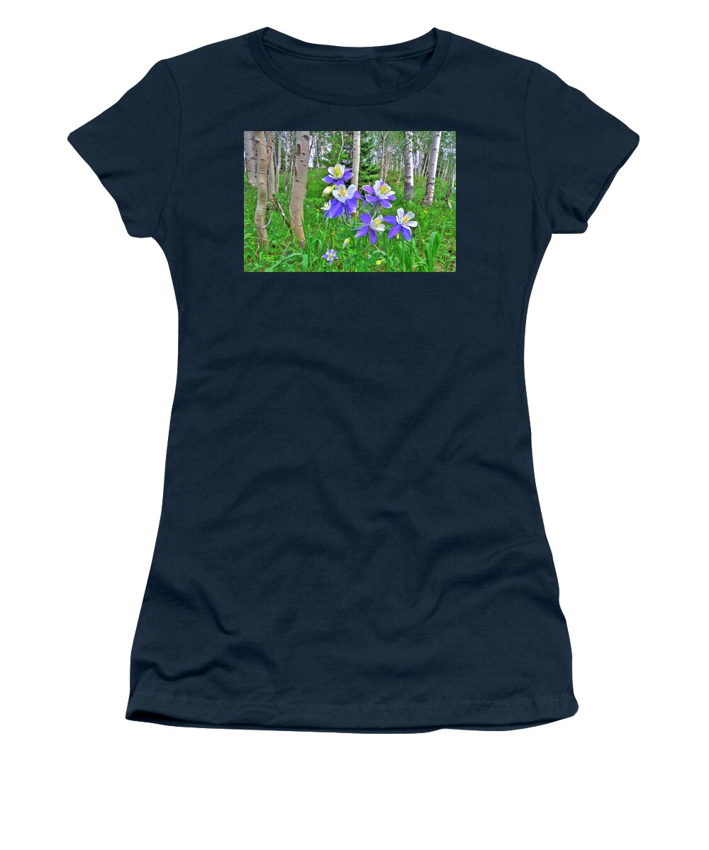 Aspen Women's T-Shirt featuring the photograph Aspens and Columbines by Scott Mahon