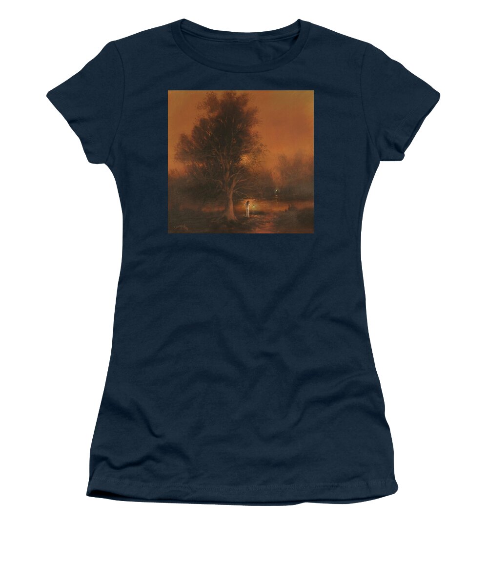 Twilight; Moody Landscape; Woman With Lantern; Tom Shropshire Painting; Atmospheric Landscape Women's T-Shirt featuring the painting Assignation by Tom Shropshire