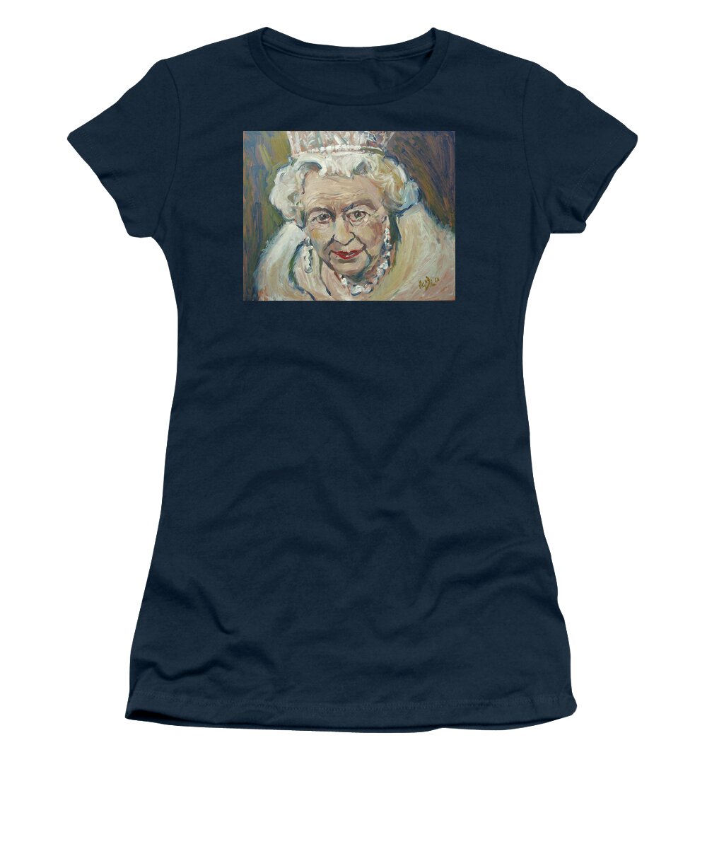 Qeii Queen Queenelizabeth Elizabeth United Kingdom Women's T-Shirt featuring the painting At age still reigning by Nop Briex