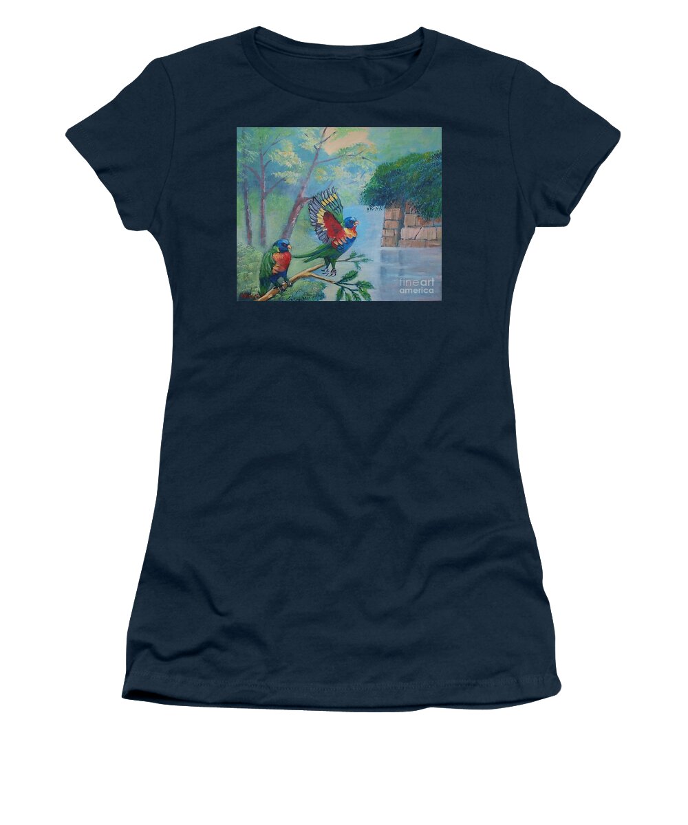 Parrots Women's T-Shirt featuring the painting Australian rainbow parrots by Jean Pierre Bergoeing