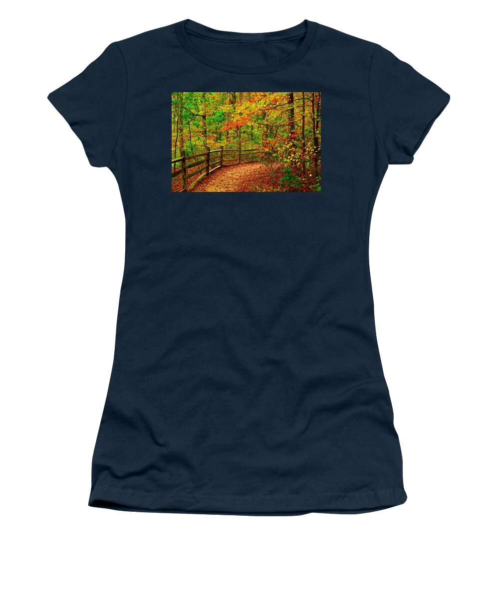 Autumn Landscapes Women's T-Shirt featuring the photograph Autumn Bend - Allaire State Park by Angie Tirado