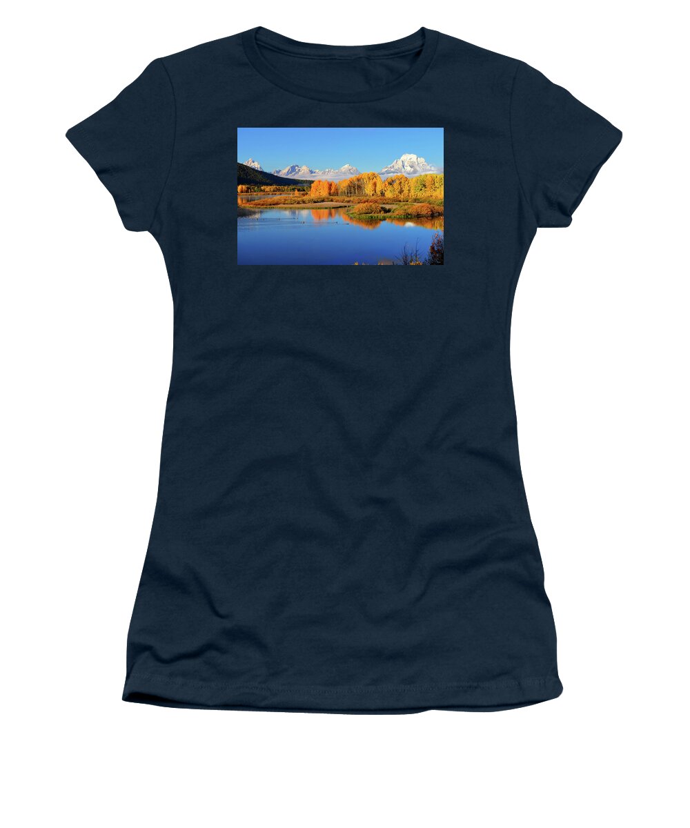 Oxbow Bend Women's T-Shirt featuring the photograph Autumn Blue and Gold by Greg Norrell