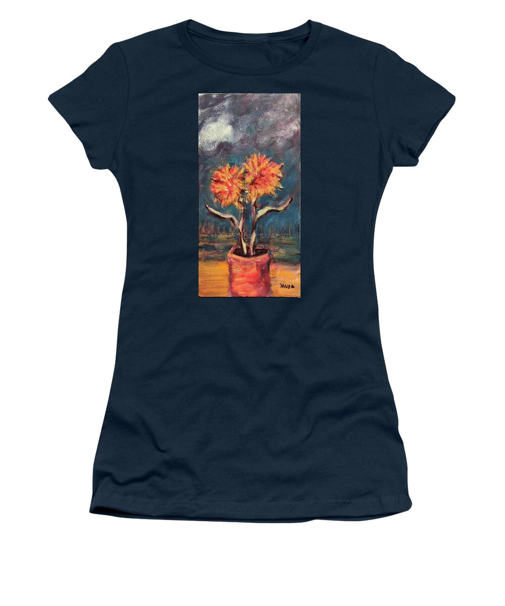 Autumn Feathered Petals Planted Vase Soft Clouds Two Flowers Original Art Oil Painting By Katt Yanda Women's T-Shirt featuring the painting Autumn Feathered Petals by Katt Yanda