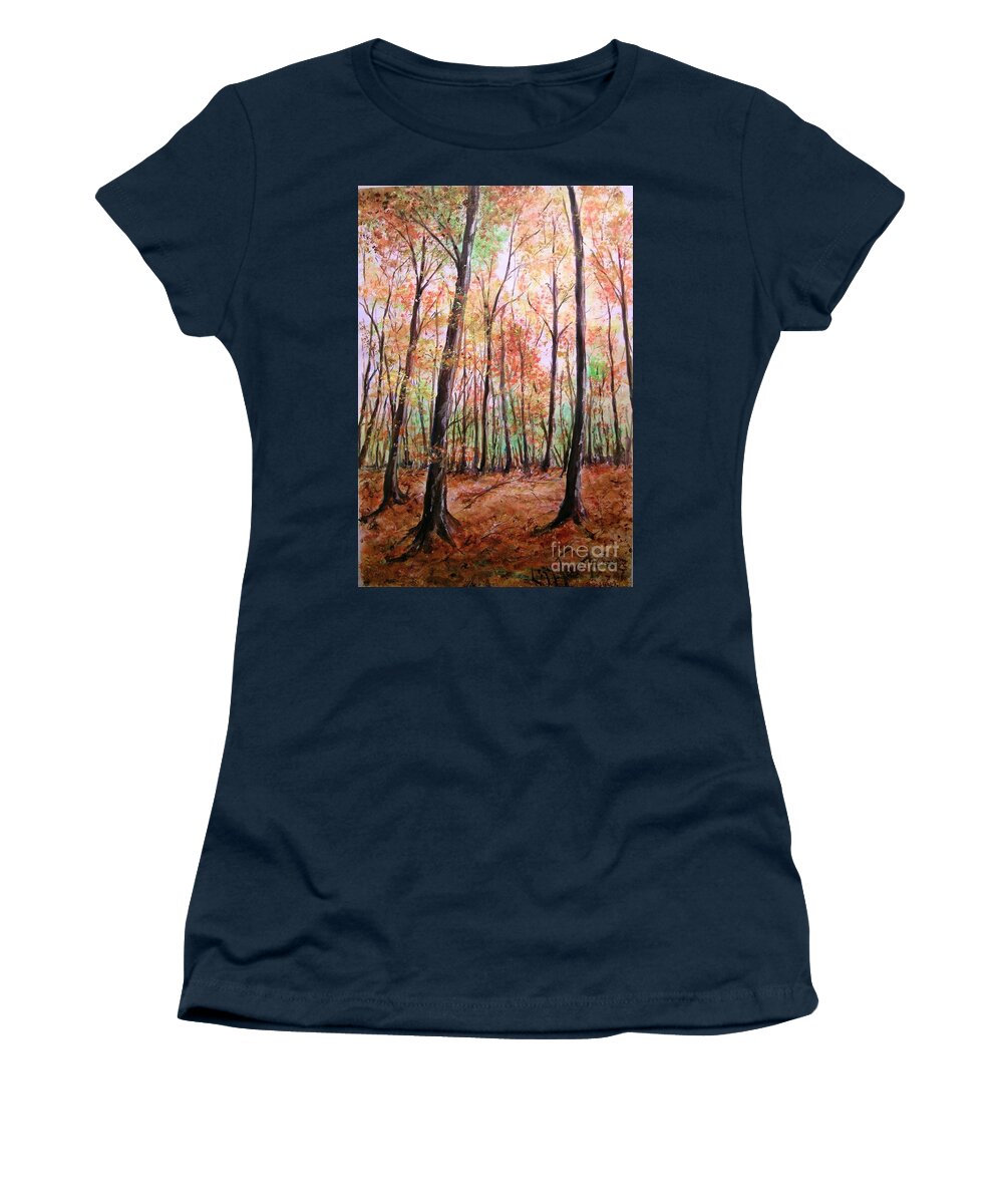 Landscape Women's T-Shirt featuring the painting Autumn Forrest by Lizzy Forrester