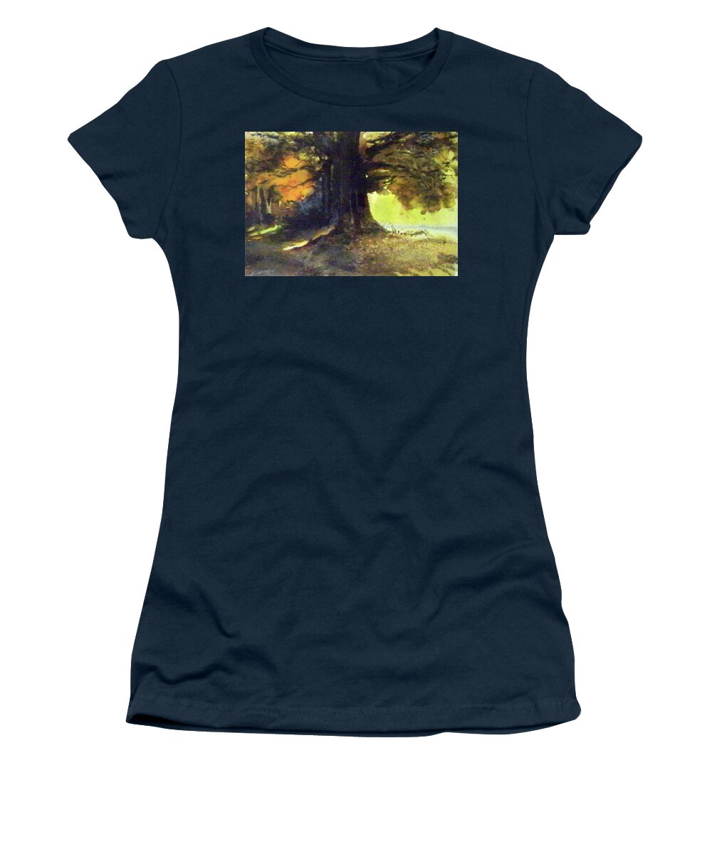 Outdoors Nature Travel Trees Light Women's T-Shirt featuring the painting S'il Vou Plait by Ed Heaton