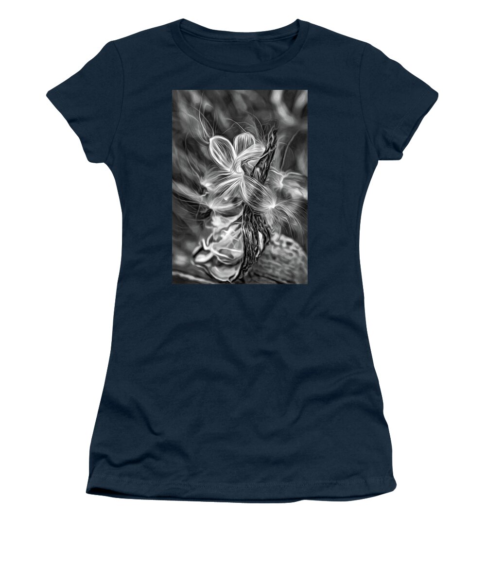 Steve Harrington Women's T-Shirt featuring the photograph Autumn Milkweed 6 - Paint bw by Steve Harrington
