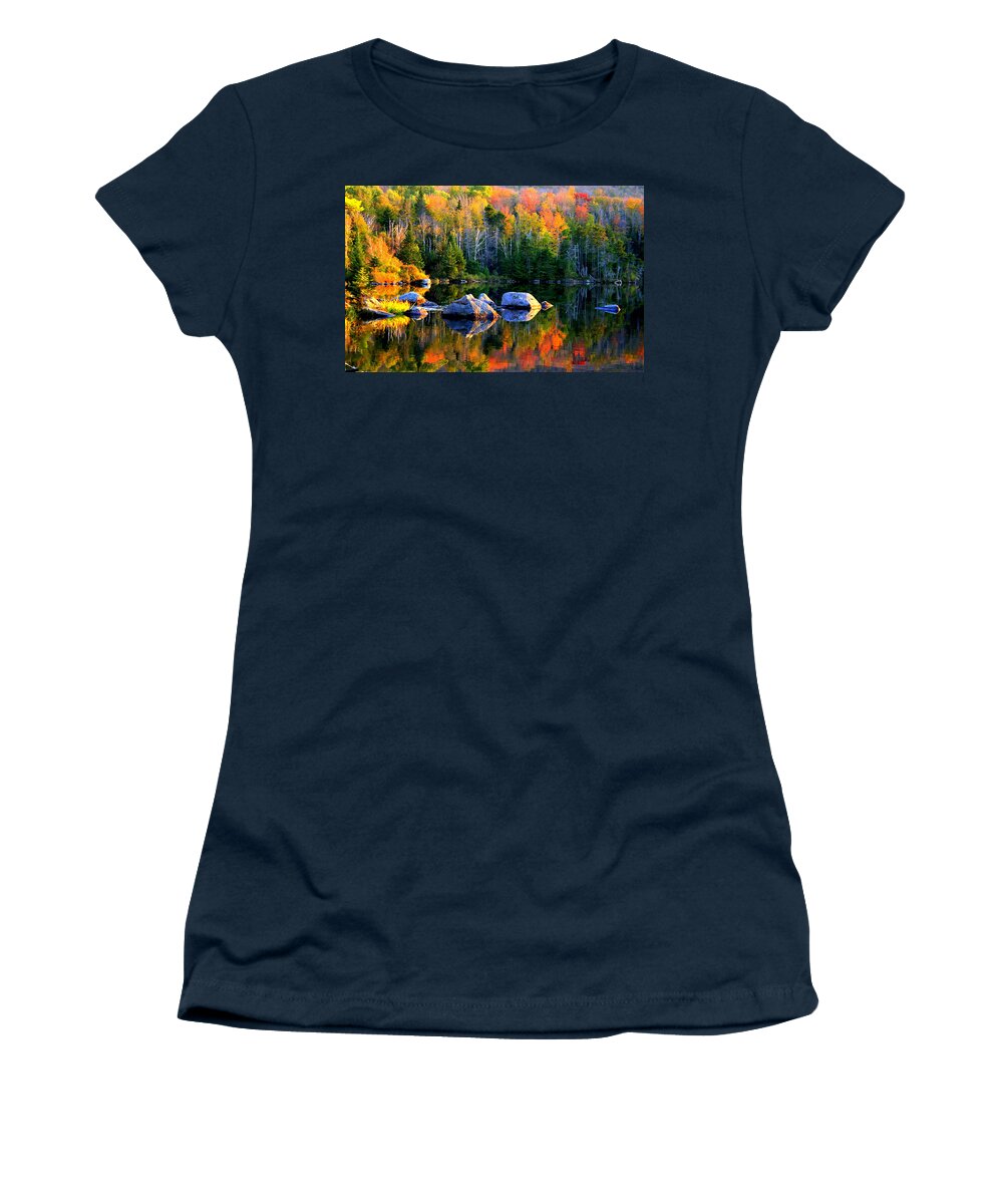 Autumn Reflections Women's T-Shirt featuring the photograph 'Autumn Reflections - Noyes Pond' by Suzanne DeGeorge