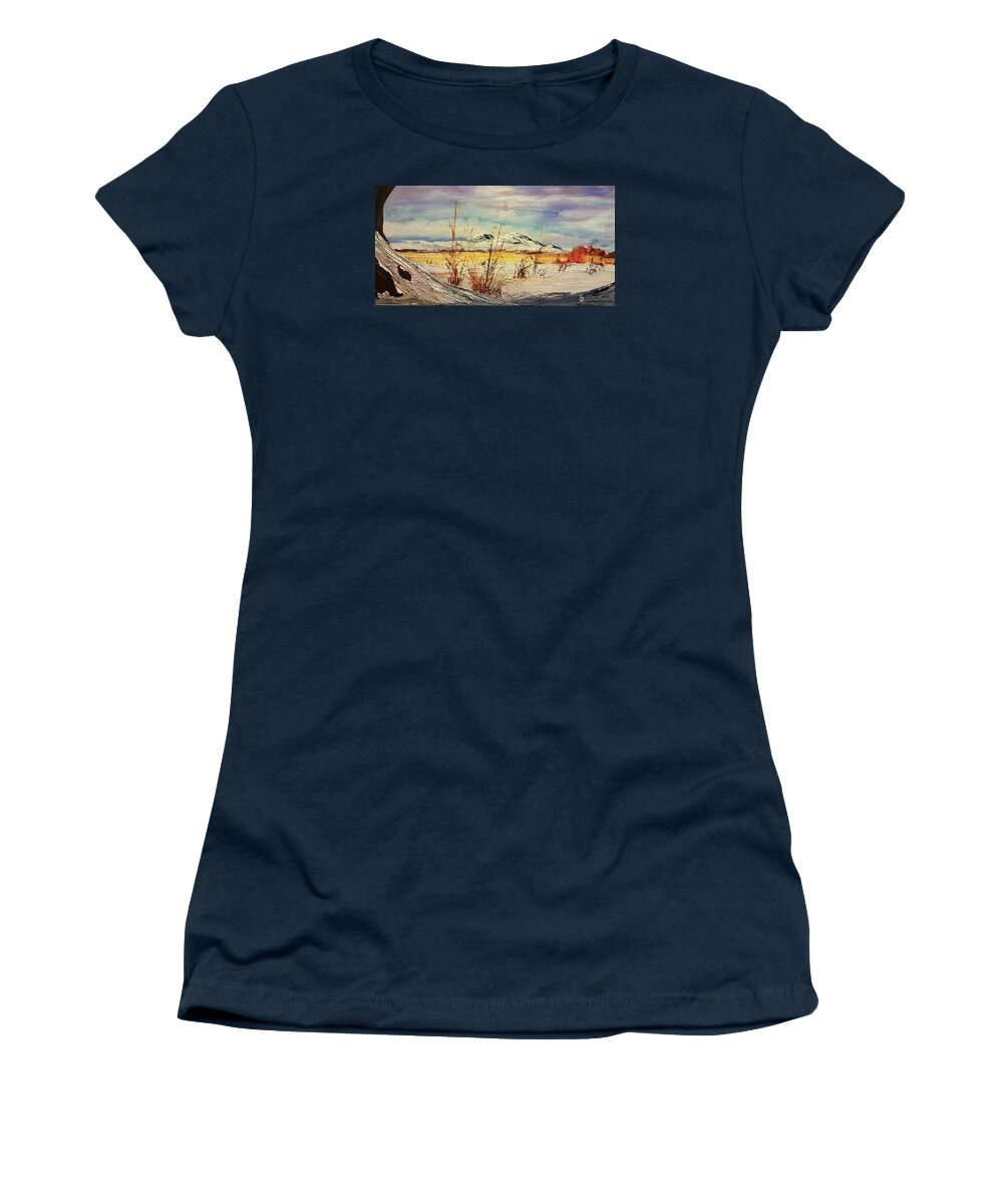 Awinterwalk Women's T-Shirt featuring the painting AWinter Walk in Montana by Cheryl Nancy Ann Gordon