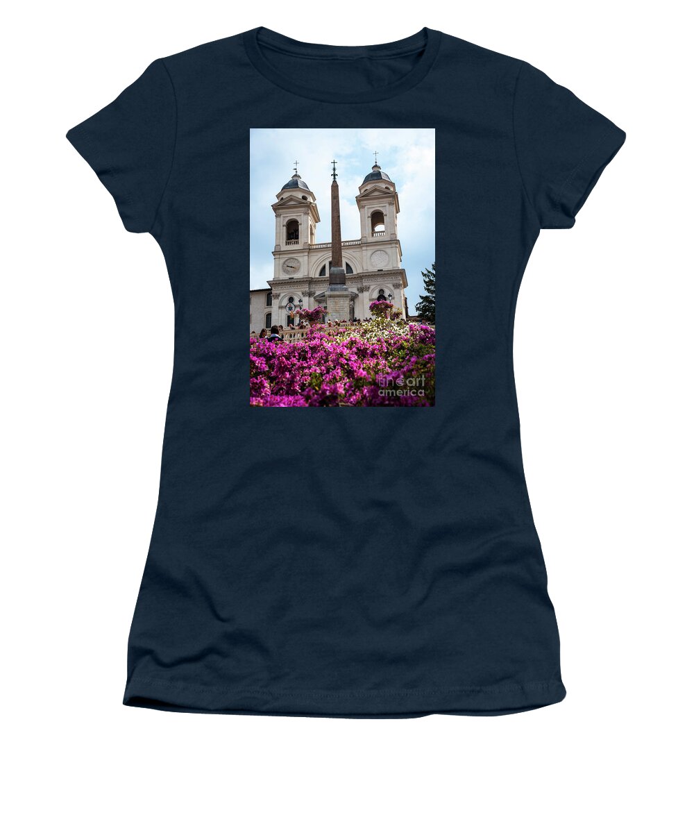 St Maria Women's T-Shirt featuring the photograph Azaleas on the Spanish Steps in Rome by Brenda Kean