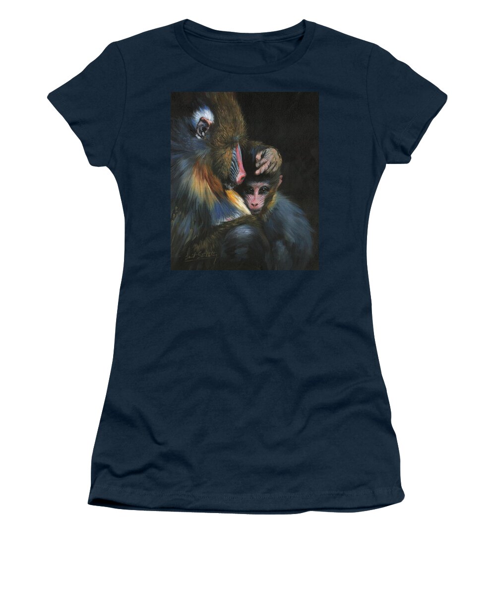 Baboob Women's T-Shirt featuring the painting Baboon Mother and Baby by David Stribbling