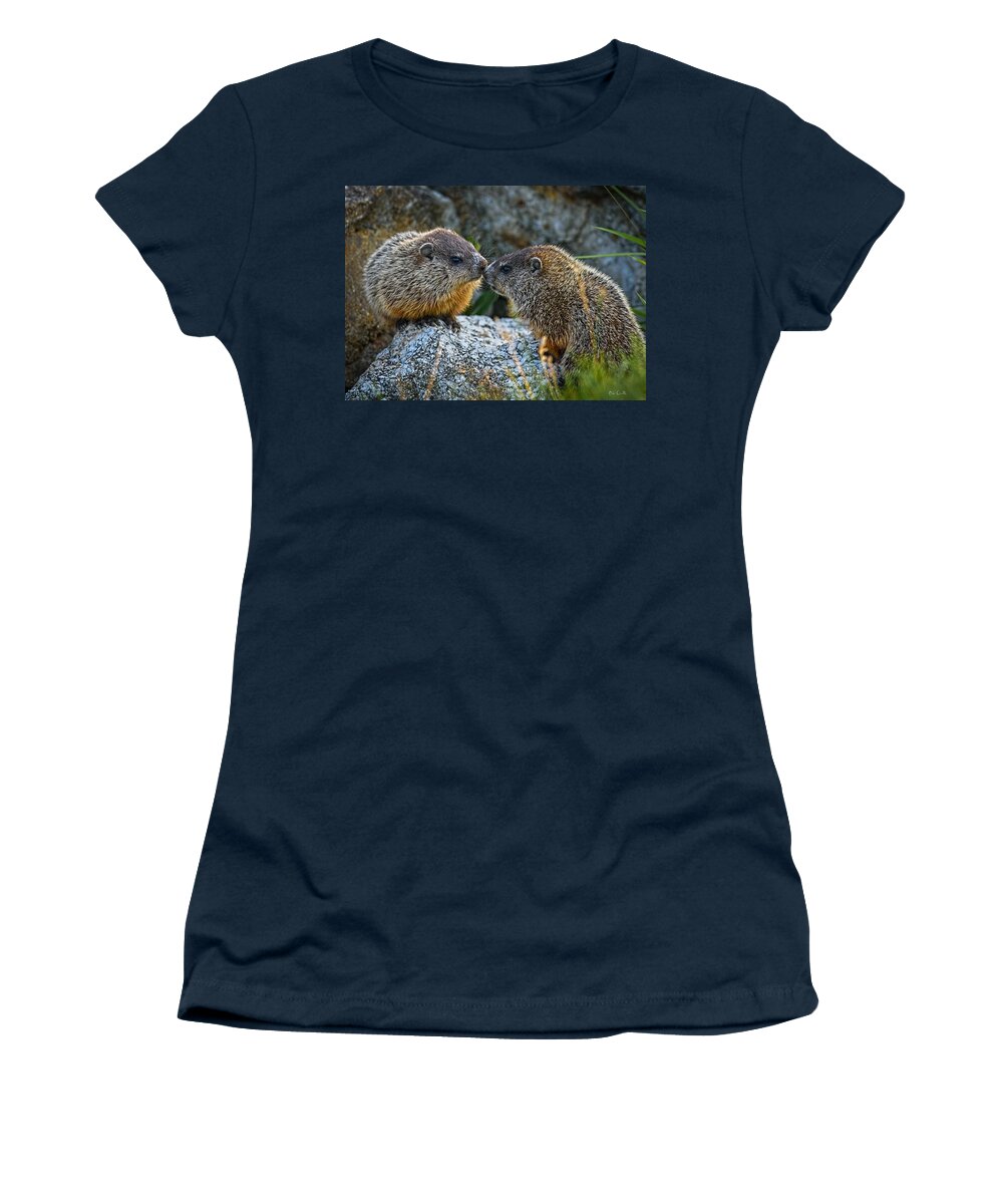 Baby Animals Women's T-Shirt featuring the photograph Baby Groundhogs Kissing by Bob Orsillo