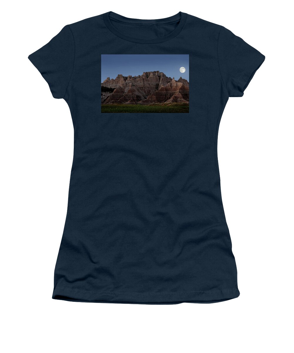 Badlands Moon Rising Women's T-Shirt featuring the photograph Badlands Moon Rising by Jemmy Archer