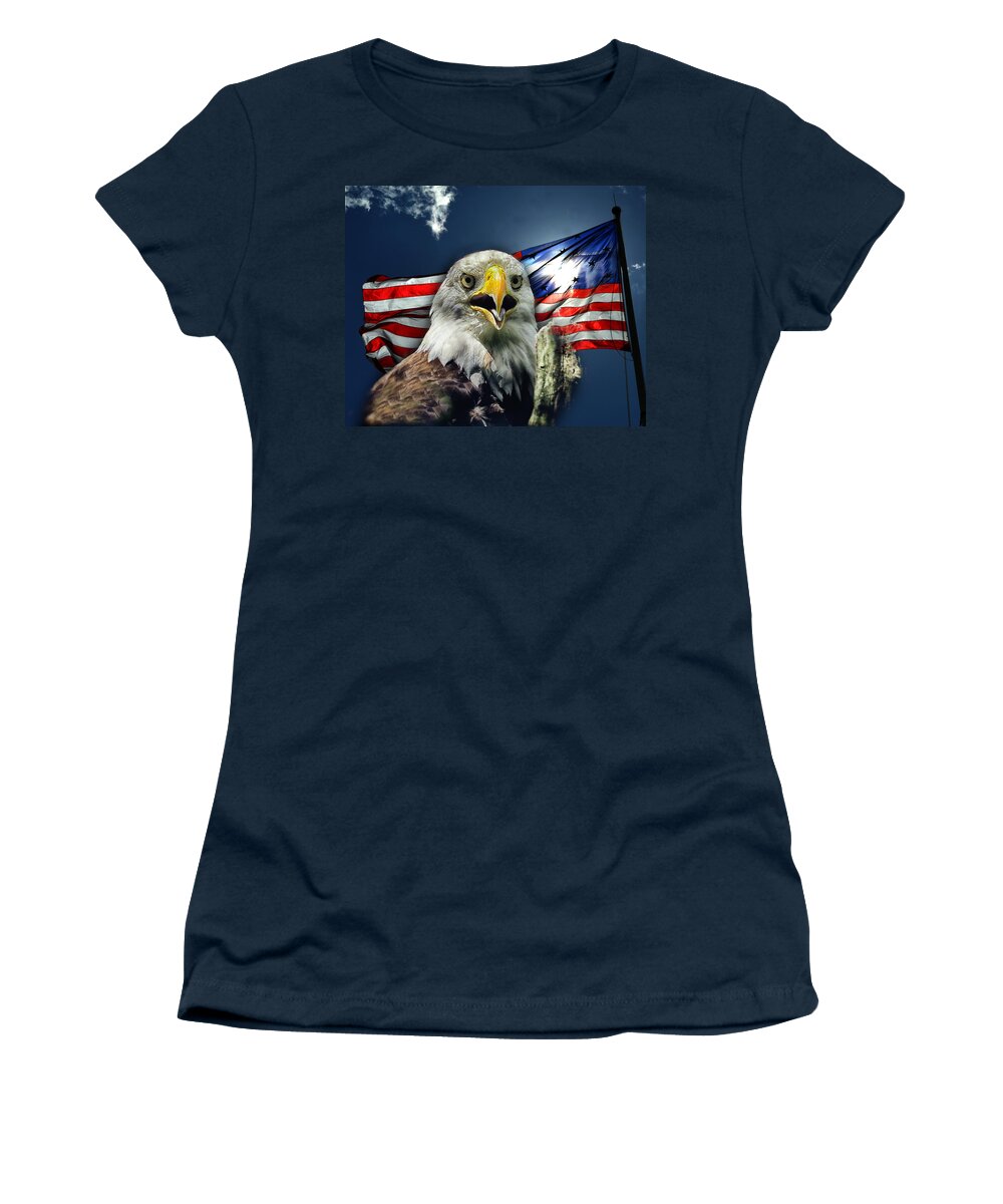 Bald Eagle Women's T-Shirt featuring the photograph Bald Eagle and American Flag Patriotism by Bill Swartwout