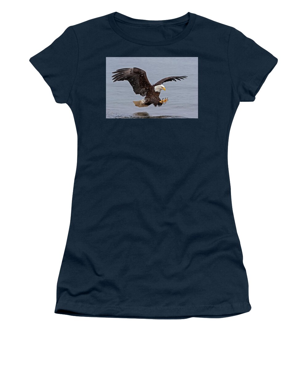 Mark Miller Photos Women's T-Shirt featuring the photograph Bald Eagle Diving for Fish in Falling Snow by Mark Miller