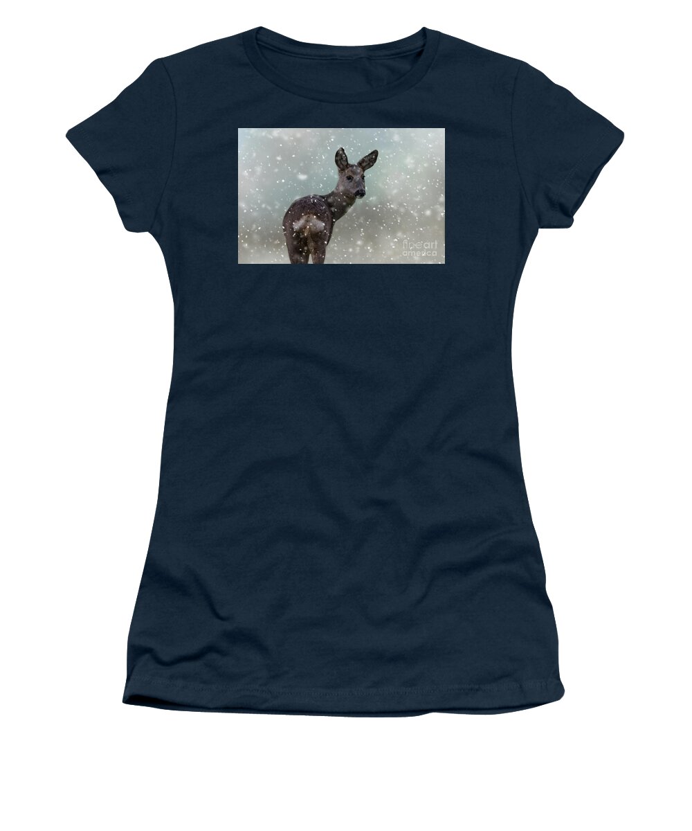 Bambi Women's T-Shirt featuring the photograph Bambi's First Snow by Eva Lechner
