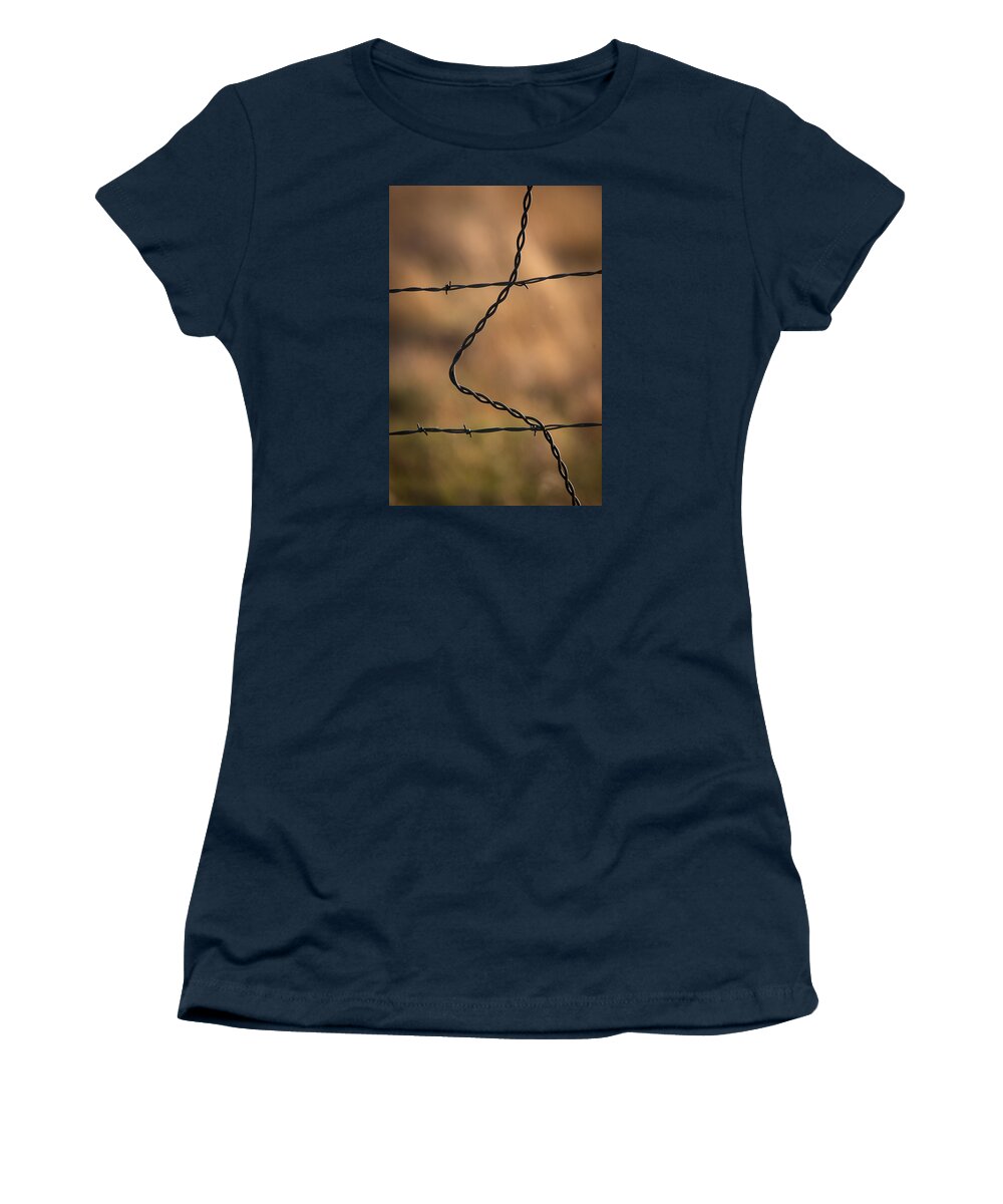 Barbed Wire Fence Women's T-Shirt featuring the photograph Barbed and Bent Fence by Monte Stevens