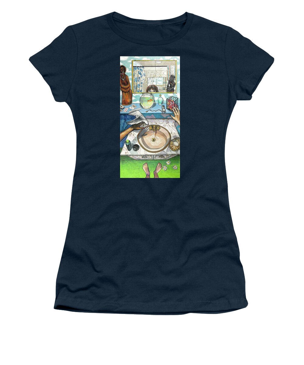 Self Portrait Women's T-Shirt featuring the painting Bathroom Self Portrait by Bonnie Siracusa