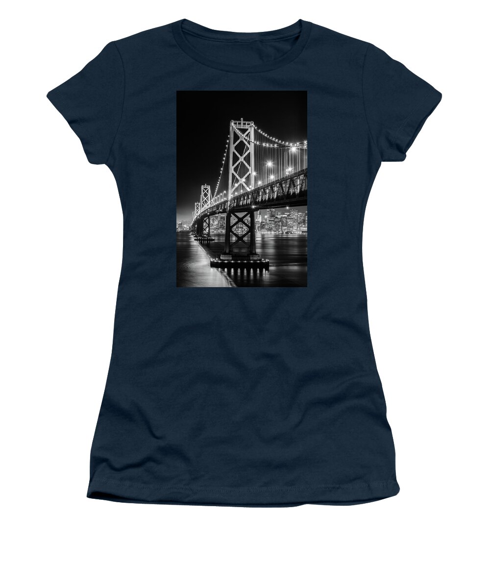Bay Area Women's T-Shirt featuring the photograph Bay Bridge and San Francisco By Night 9 Monochrome by Jason Chu