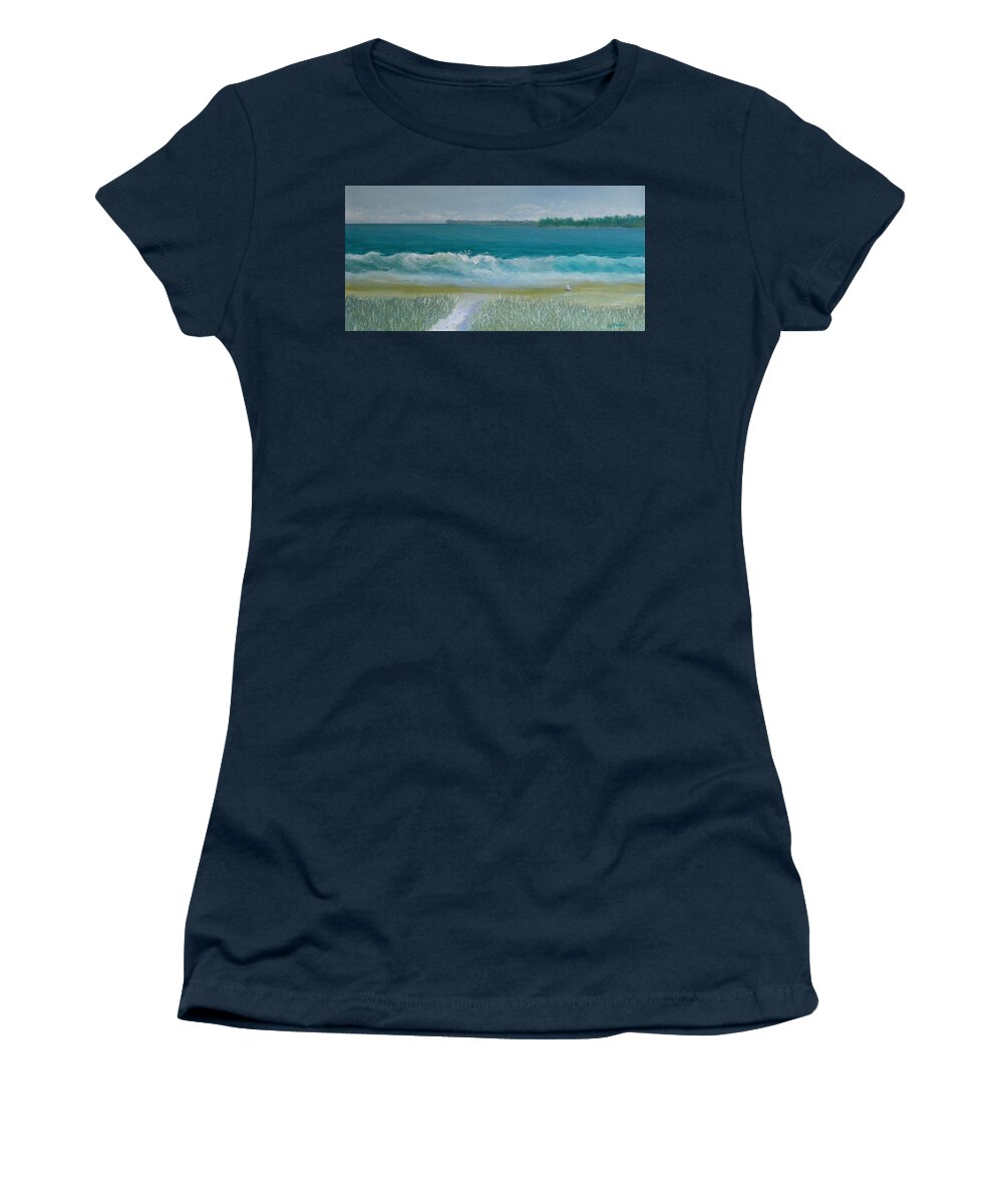 Seascape Landscape Ocean Beach Wave Maine Bird Artist Scott White Women's T-Shirt featuring the painting Beach Day by Scott W White