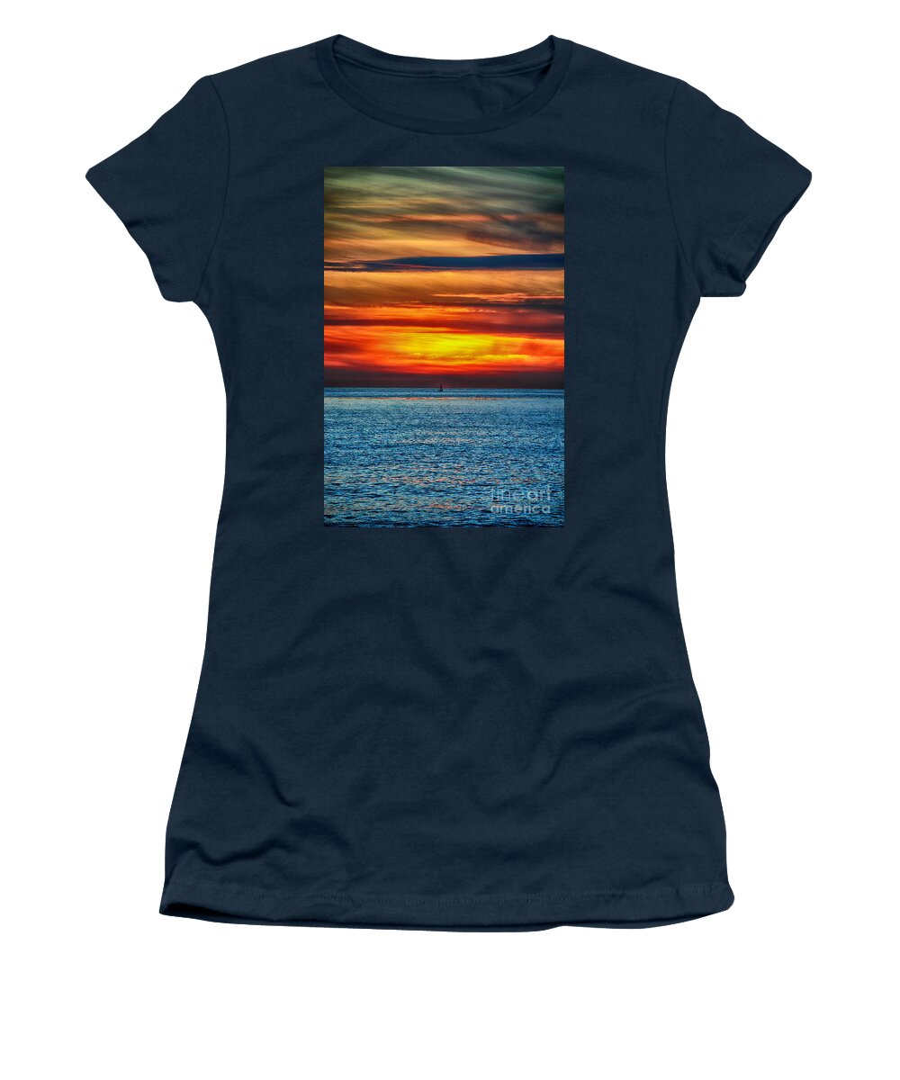 Golden Sunset Women's T-Shirt featuring the photograph Beach Sunset and Boat by Mariola Bitner