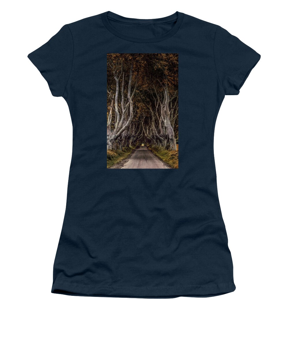 Dark Hedges In Northern Ireland Women's T-Shirt featuring the photograph Beautiful beech alley in northern Ireland by Jaroslaw Blaminsky