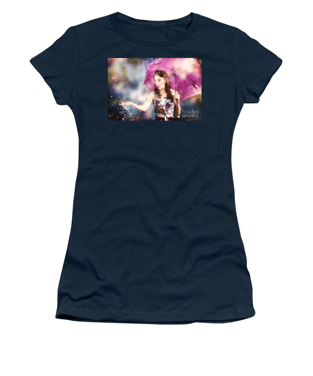 Rain Women's T-Shirt featuring the photograph Beautiful pin up woman catching rain water by Jorgo Photography