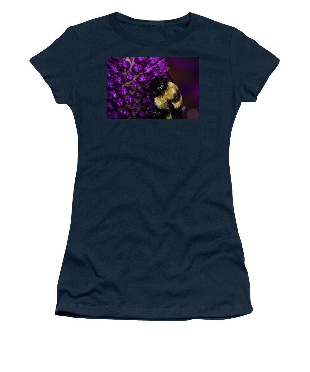 Jay Stockhaus Women's T-Shirt featuring the photograph Bee and Purple Flower 2 by Jay Stockhaus