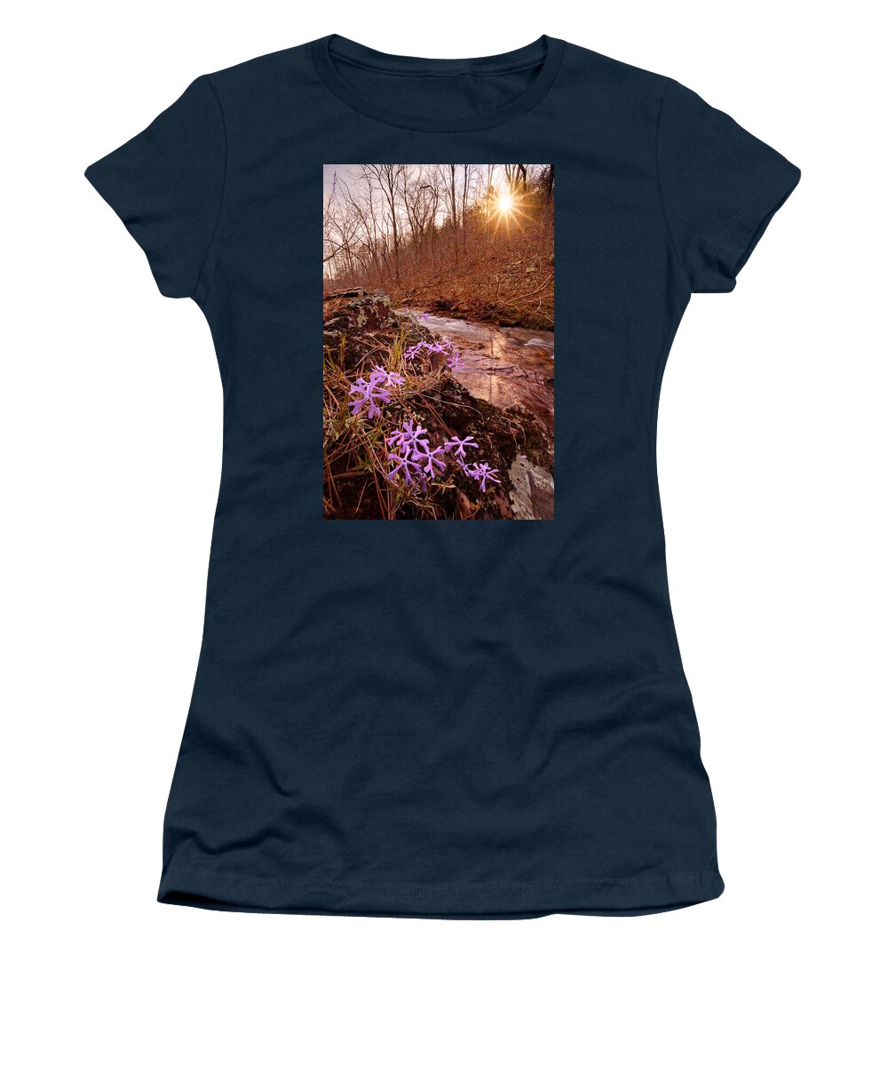 Flowers Women's T-Shirt featuring the photograph Bell Mountain Wilderness, Missouri. Shut-ins Creek Hike. by Robert Charity
