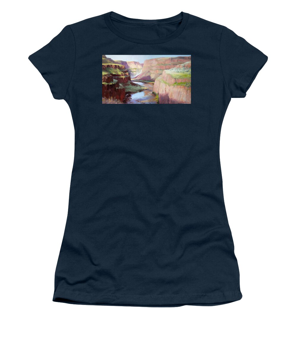 Waterfall Women's T-Shirt featuring the painting Below Palouse Falls by Steve Henderson