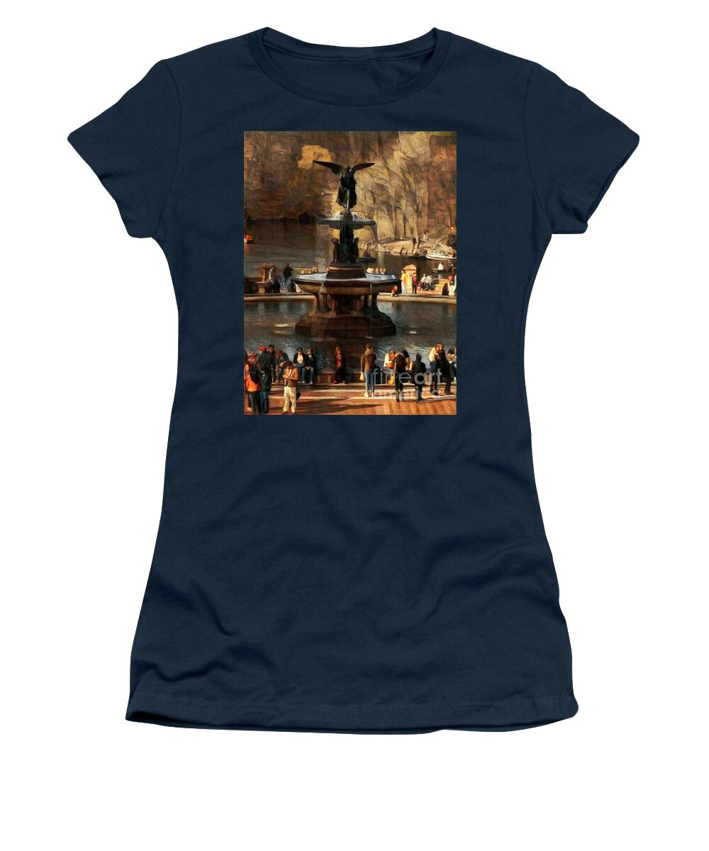 Bethesda Fountain Women's T-Shirt featuring the photograph Bethesda Fountain in Autumn - Central Park New York by Miriam Danar