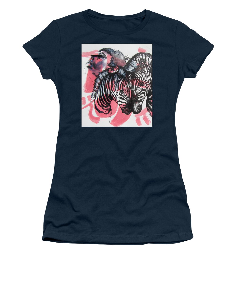 Striped Zebra Women's T-Shirt featuring the painting Between Stripes by Rene Capone