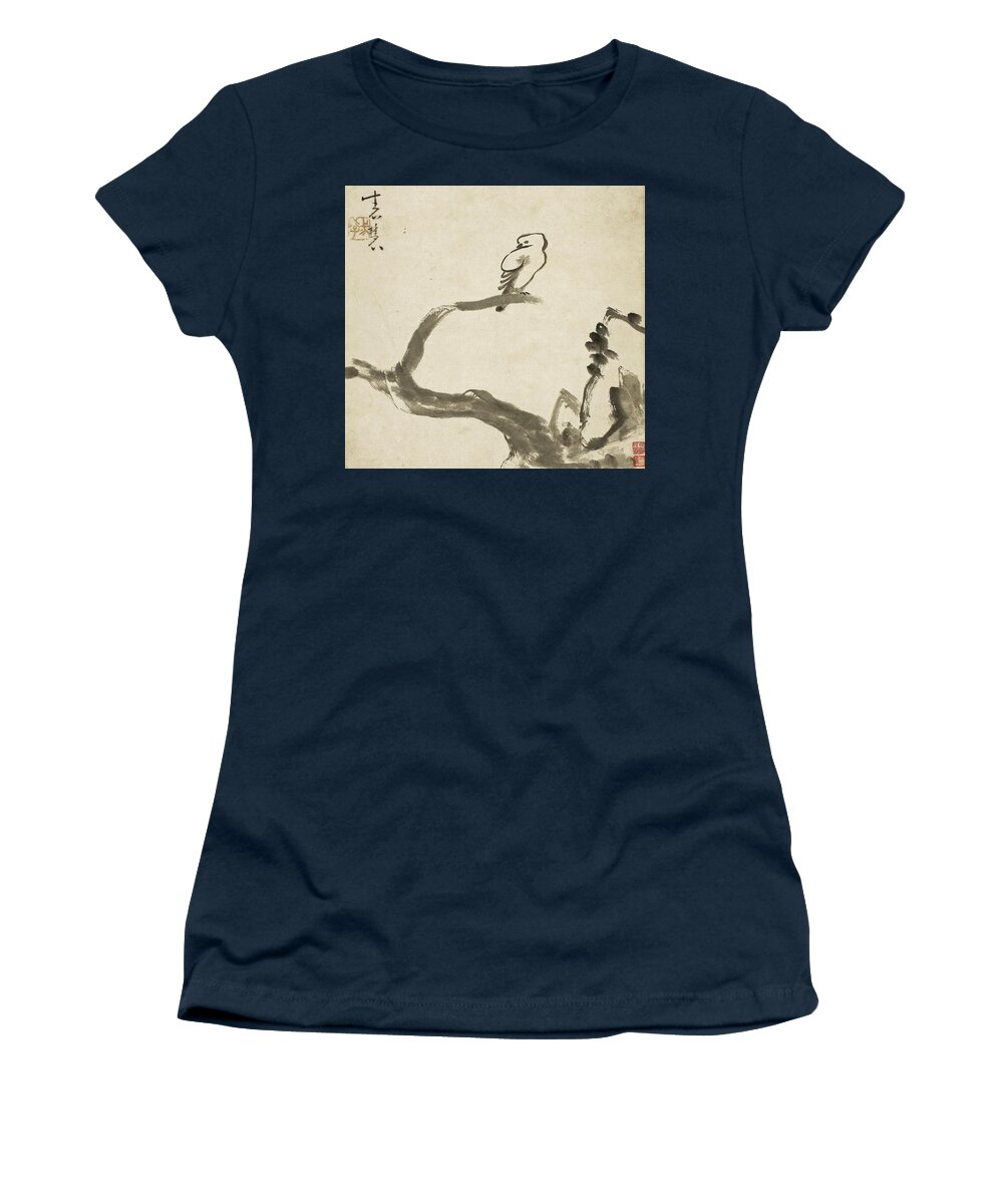 Niu Shihui Women's T-Shirt featuring the drawing Bird Perching on Tree Branch by Niu Shihui