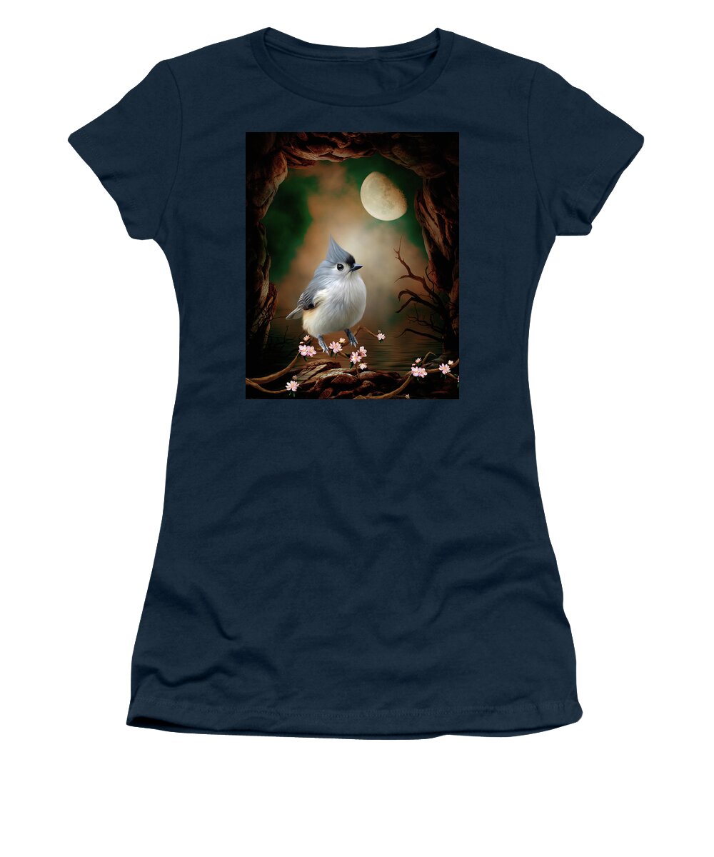 Bird -stunning Titmouse In The Moonlight Women's T-Shirt featuring the digital art Bird - Titmouse in the moonlight by John Junek