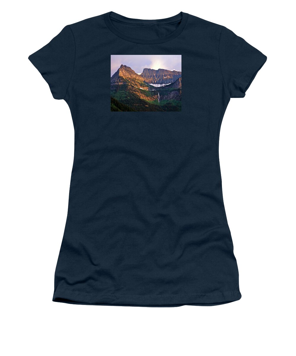 Glacier National Park Women's T-Shirt featuring the photograph Bird Woman Falls Sunset by Ed Riche