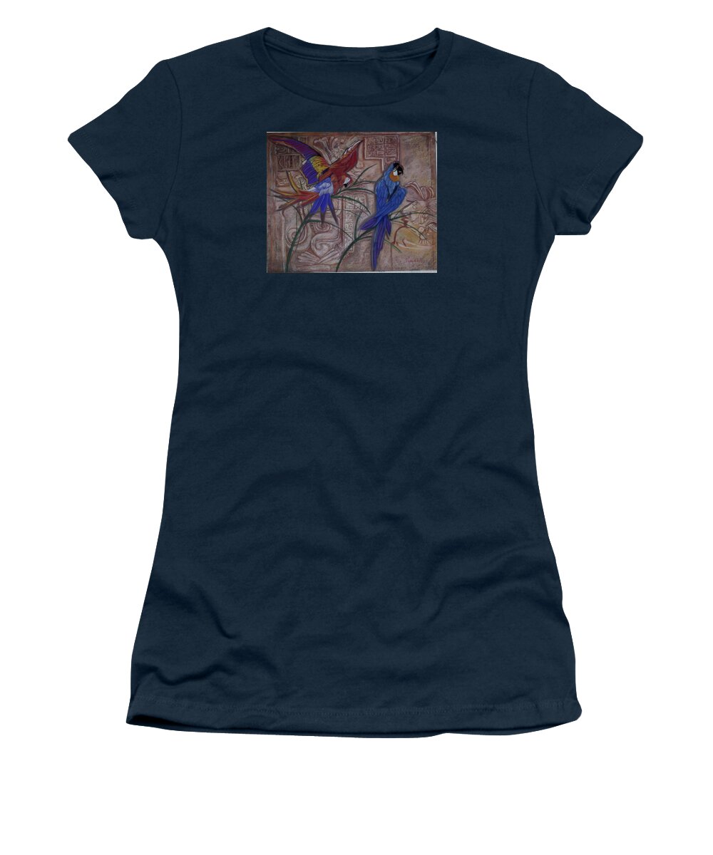 Wisdom Beauty Birds Parrots Sandstone Wall Carving Of Triditional Mayan Subjects Women's T-Shirt featuring the painting Birds On A Mayan Wall by Pamela Mccabe