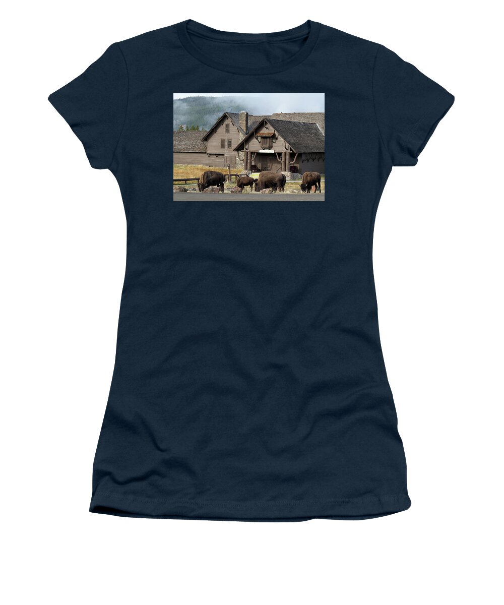 Wyoming Women's T-Shirt featuring the photograph Bison at Old Faithful by Shirley Mitchell