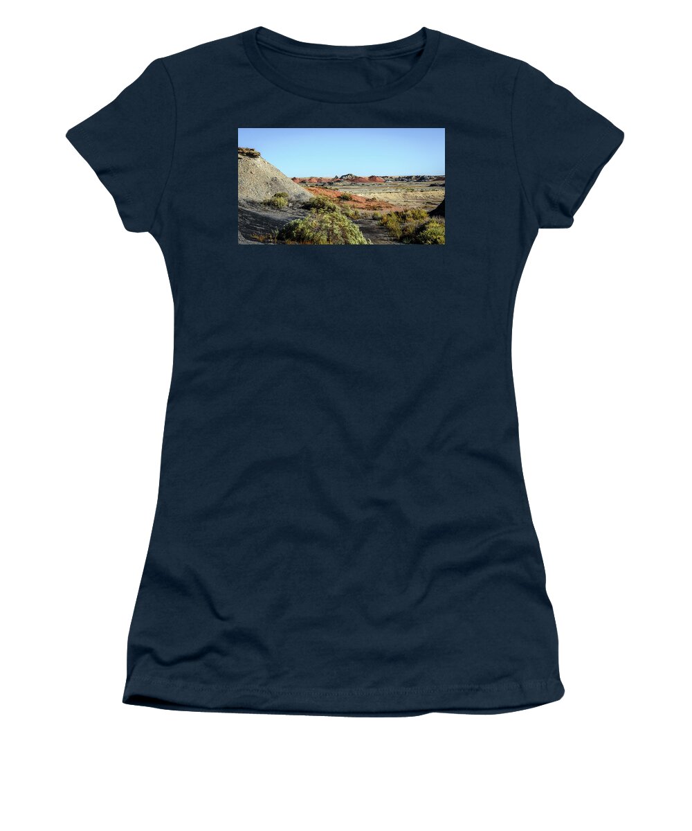 Bisti Badlands - Look For The Ziggurat Women's T-Shirt featuring the photograph Bisti Badlands - Look For The Ziggurat by Debra Martz