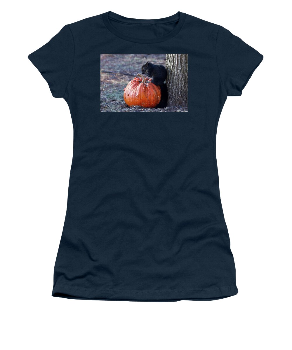 Squirrel Women's T-Shirt featuring the photograph Black Squirrel on Pumpkin by Brook Burling