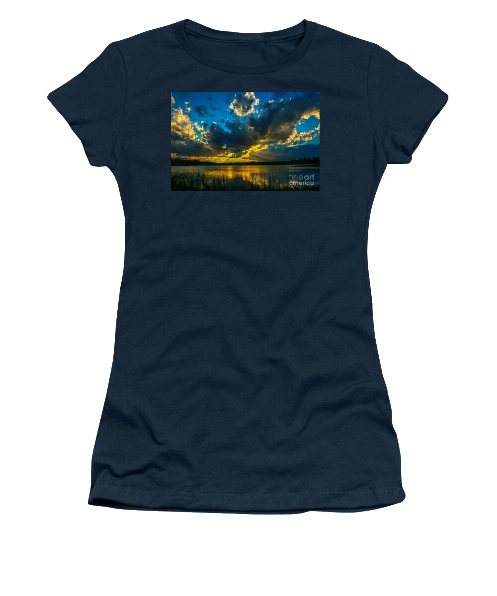Sunset Women's T-Shirt featuring the photograph Blue and Gold Sunset with Rays by Tom Claud