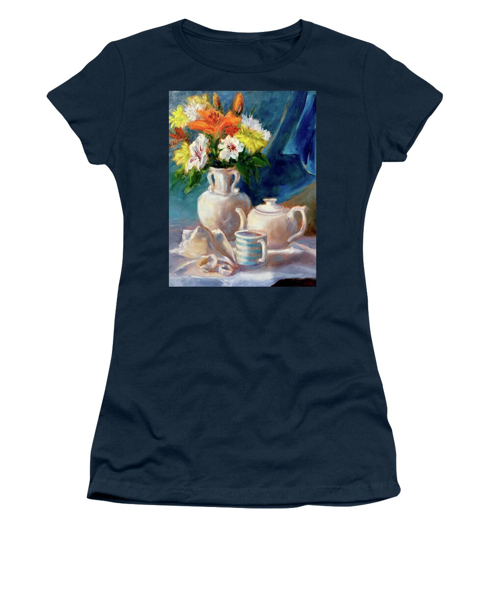 #floral Women's T-Shirt featuring the painting Blue and White by Barbara Hageman