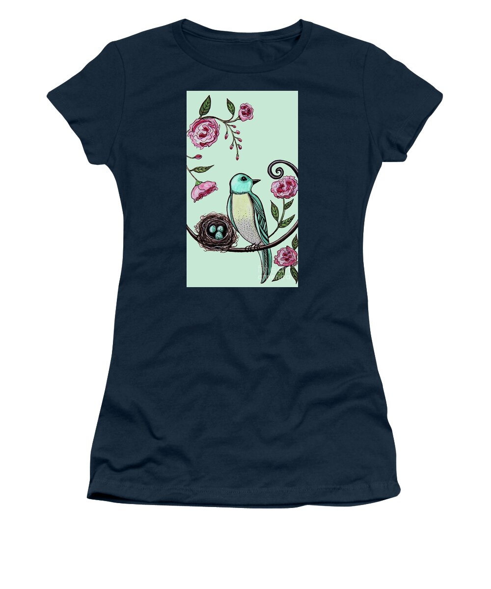 Peonies Women's T-Shirt featuring the painting Blue Bird and Peonies by Elizabeth Robinette Tyndall