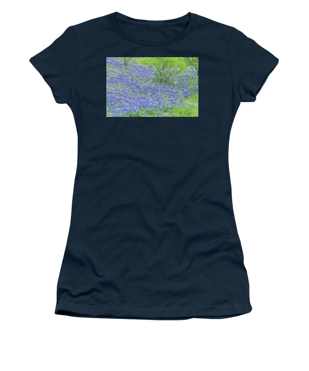 Camera Women's T-Shirt featuring the photograph Blue bonnets,Poppies and Willow tree. by Usha Peddamatham