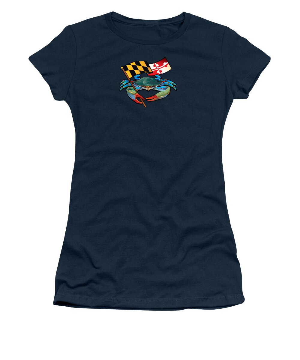 Maryland Flag Women's T-Shirt featuring the digital art Blue Crab Maryland Flag by Joe Barsin