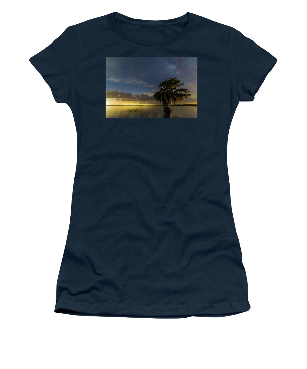 Blue Cypress Lake Women's T-Shirt featuring the photograph Blue Cypress Lake Nightsky by Stefan Mazzola