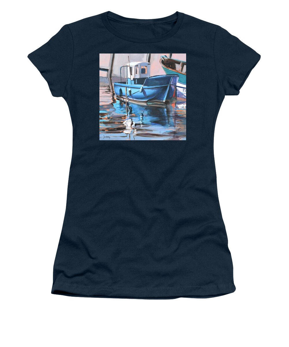 Water Women's T-Shirt featuring the painting Blue Fishing Boat by Donna Tuten