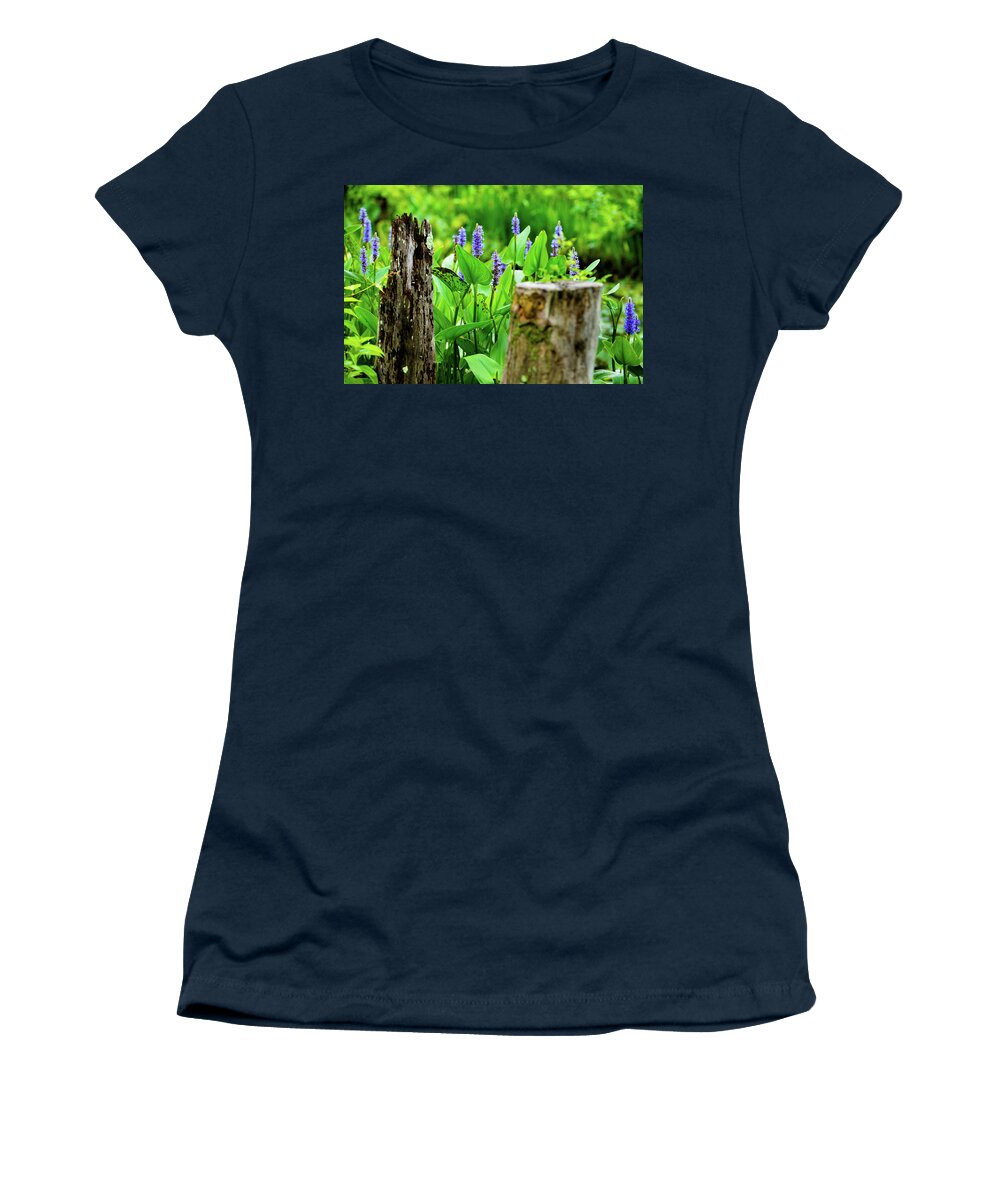 Bloom Women's T-Shirt featuring the photograph Blue Flowers and Artistic Logs by Dennis Dame