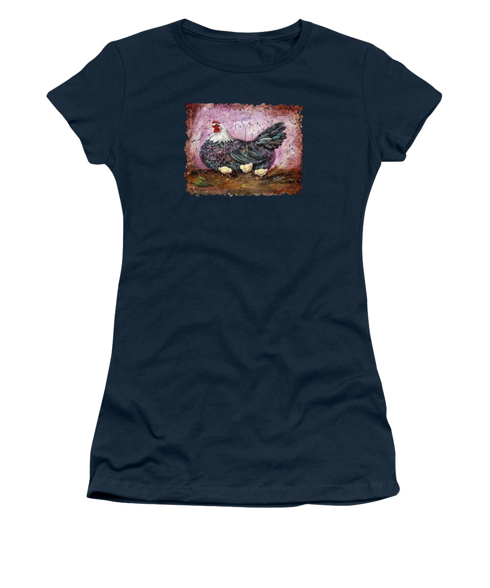 #olenaart Women's T-Shirt featuring the painting Blue Hen with Chicks fresco black background by OLena Art