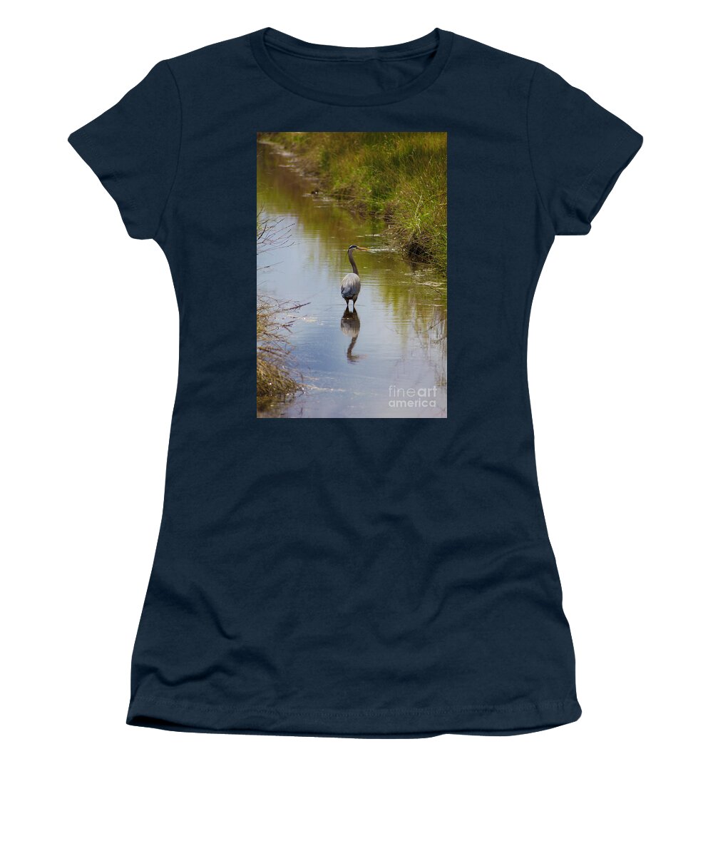Blue Heron In Stream Women's T-Shirt featuring the photograph Blue Heron in Stream 2 by Donna L Munro