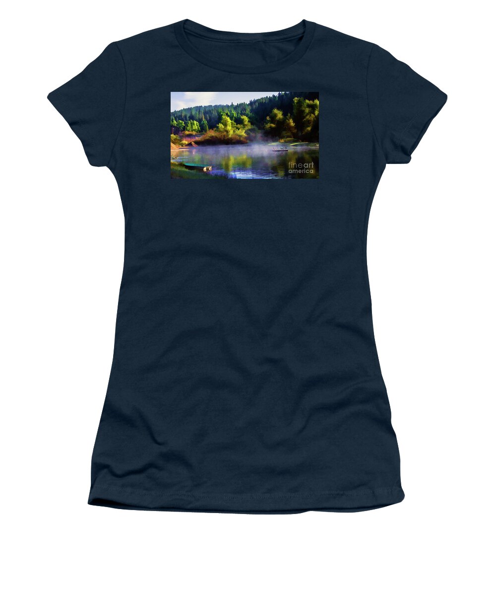 Landscape Women's T-Shirt featuring the photograph Blue Lake Spring Misty Geese by Chuck Kuhn
